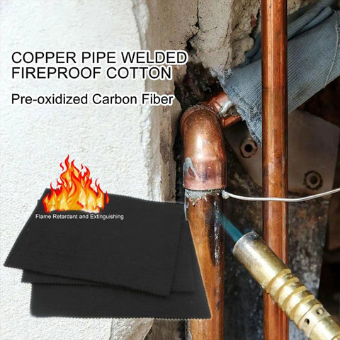 Heavy Duty Welding Blanket Fireproof Shield near copper pipe being welded, pre-oxidized carbon fiber material.