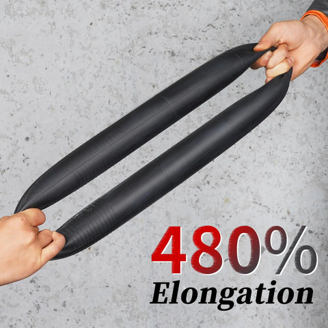 Two hands stretching Heavy Duty Inner Tube 4.10/3.50-6 With TR-87 Angled Valve Stem showing 480% elongation strength