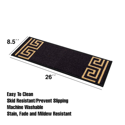 Stair Treads With Greek Key Design No Slip Backing And Stain Resistant Finish Black 8.5 By 26 Inches Durable Indoor Stair Mats Set Of 13 For Safer Cleaner Steps And Stylish Hallway Charm shown, highlighting dimensions and skid resistant features.