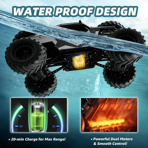 Amphibious RC Car One Eighth Scale 4WD Monster Truck That Rips Water And Land With Waterproof Chassis and LED Lights
