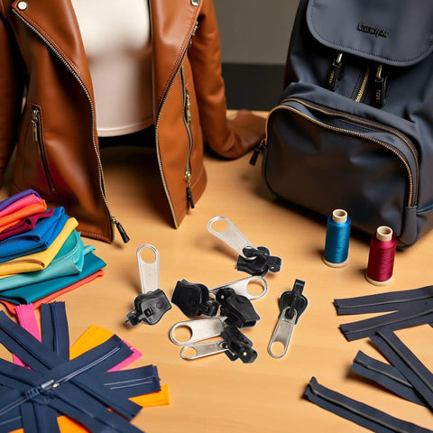6 Piece Black Universal Zipper Repair Kit With Quick Fix Sliders For No Tool Needed Replacement, displayed with jackets and bags.