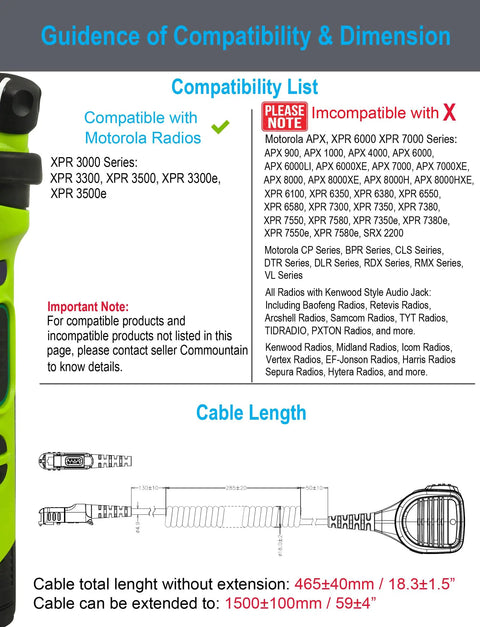 Compatibility guide showing Speaker Microphone For Motorola XPR 3300 And XPR 3500 Series Radios With Noise Reduction