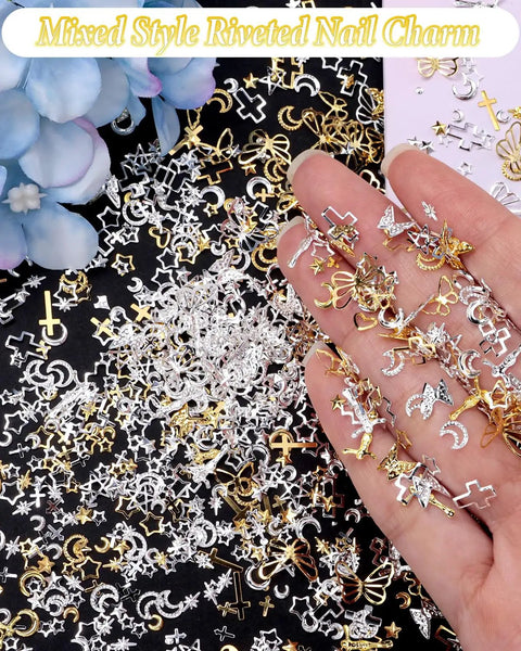 Top Shelf 800 Pieces Silver And Gold Metallic Nail Art Studs Featuring Butterfly Star Moon Heart Cross Charms For DIY Manicure Decor And Lit Fingernail Slay Vibes