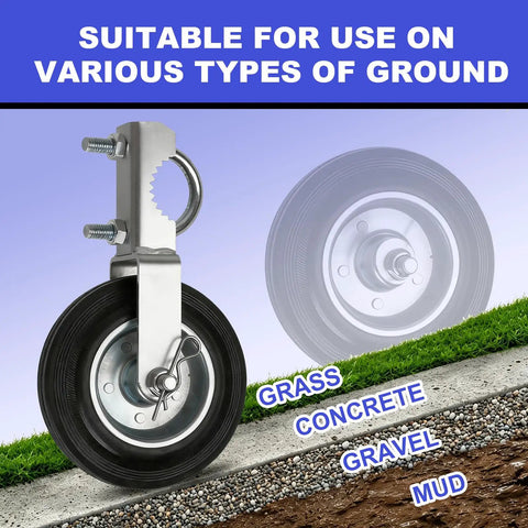 Close-up of Heavy Duty Gate Wheel For Metal Swing Gate Smooth Rolling Lift With Lock On Non Slip Grip and Built Like A Tank, showing versatility on different surfaces.