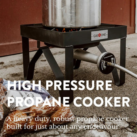 Beast 200K BTU Propane Burner For Outdoor Cooking with steel frame and adjustable regulator showcasing high-pressure use