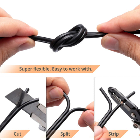 Hands demonstrating flexibility and cutting of Low Voltage Landscape Wire 14/2 250 Ft Pure Copper 14 Gauge 2 Conductor Outdoor Direct Burial Cable.