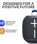 Close-up of Wonderboom 4 Portable Bluetooth Speaker showing recycled plastic and eco-friendly packaging details with text.