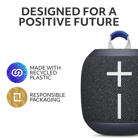 Close-up of Wonderboom 4 Portable Bluetooth Speaker showing recycled plastic and eco-friendly packaging details with text.