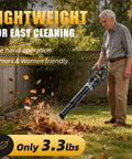 Elderly man using 600 CFM Cordless Leaf Blower With 150 MPH Air 3 Speed Turbo Handheld Yard Blower Bare Tool Compatible With 20V MAX Batteries Ultra Lightweight No Fuss Use For Lawn Patio Driveway Snow Cleanup in garden.