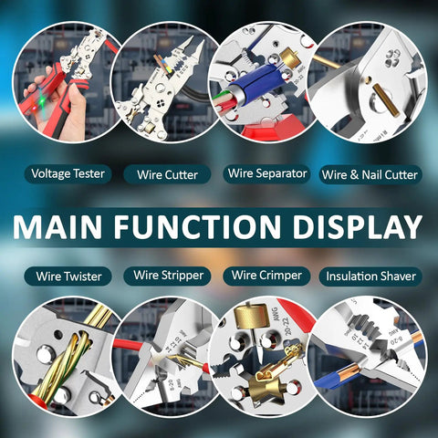 Top Tier Multifunction Wire Stripper With Rechargeable Voltage True Nondestructive Tester Crimping Pliers For Electricians showing main functions like cutter and voltage tester.