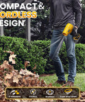 Person using Cordless 20V Max Leaf Blower With 40000 RPM Brushless Motor 180 MPH Wind Speed 100 CFM Jet Fan for clearing leaves.