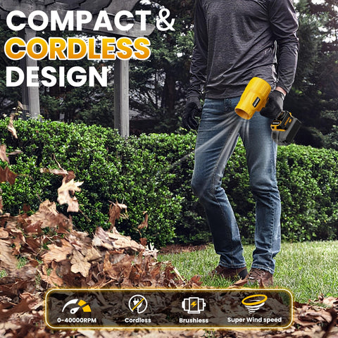 Person using Cordless 20V Max Leaf Blower With 40000 RPM Brushless Motor 180 MPH Wind Speed 100 CFM Jet Fan for clearing leaves.