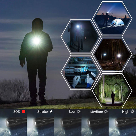 Two Pack Ultra Bright 1000 Lumen LED Flashlights, Tactical Zoomable Beams, 5 Modes, Waterproof for diverse outdoor and indoor uses