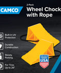 Camco 2-pack wheel chocks with rope, yellow molded hard plastic for tires up to 26 inches