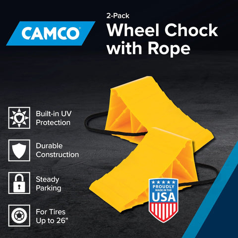 Camco 2-pack wheel chocks with rope, yellow molded hard plastic for tires up to 26 inches