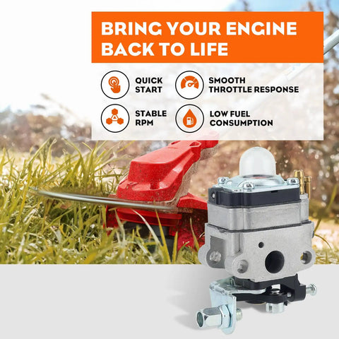 Honda GX31 FG100 Carburetor Replacement For 4 Cycle Engines GX31 GX22 4 Stroke Tillers Hedge Trimmers And Generators With Carb Adjustment Tool Air Fuel Filter Line Kit 16100-ZM5-803 16100-ZM3-848 16100-ZM5-A95 with engine parts and text about performance benefits in background.