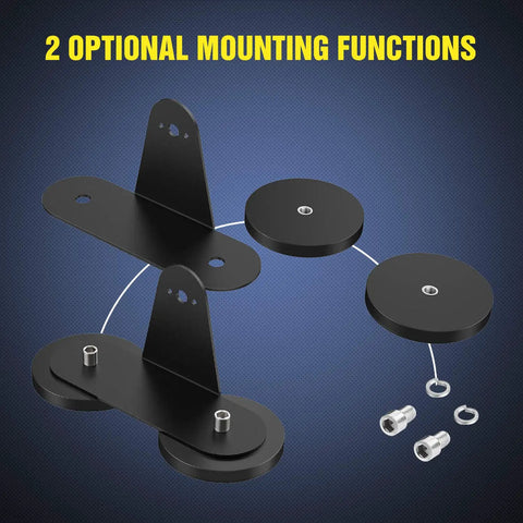 Magnetic Base LED Light Bar Mounting Brackets Set For Hood Or Roof Mounts With Strong Sucker Holders Fits Straight Or Curved Light Bars Black 2 Pack 2 Year Warranty shown in disassembled view with two optional mounting functions.