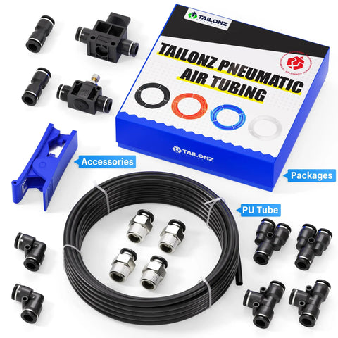 Black One Quarter Inch OD PU Air Tubing Kit With 32.8 Ft Length Ten Meter Includes Fittings Elbows Y Shape Unions And Tees For Pneumatic Lines