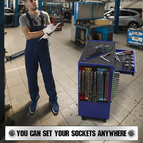 Heavy Duty Magnetic Socket Organizer Set With 360 Degree Swivel Clips Aluminum Socket Rack Kit in garage