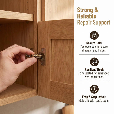 Hand installing 6x14mm Short Expansion Screw Set for cabinet hinges, highlighting stripped hole repair and secure hold features.