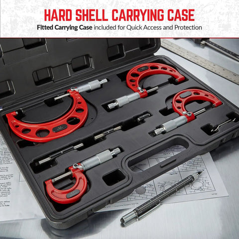 Pro Grade Outside Micrometer Set 0 To 4 Inches With Microfine 0.0001 Inch Readings, Includes Four Carbide Outside Micrometers