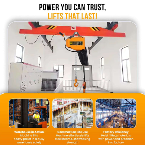 Beefy 2 Ton Electric Hoist With VFD Controls, 480V 3 Phase Power, 20 Ft Lift Height shown installed in industrial setting.