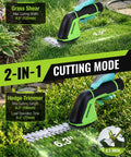 2-In-1 Cordless Grass Shear And Hedge Trimmer With 2.0Ah Battery cutting grass and hedges with 4.9in and 6.3in blades.