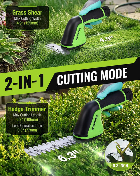 2-In-1 Cordless Grass Shear And Hedge Trimmer With 2.0Ah Battery cutting grass and hedges with 4.9in and 6.3in blades.