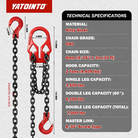YATOINTO 5/16 in x 10 ft two-leg lifting chain sling with red hooks and black alloy steel chains (G80) front view