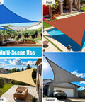 Blue Triangle Sun Shade Sail 14 By 14 By 19.8 Feet UV Blocking Up To 95 Percent Breathable HDPE Canopy installed over patio and pool.
