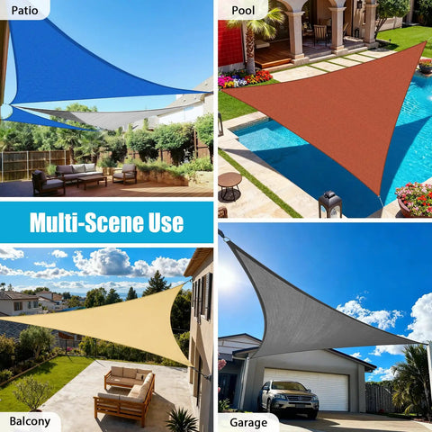 Blue Triangle Sun Shade Sail 14 By 14 By 19.8 Feet UV Blocking Up To 95 Percent Breathable HDPE Canopy installed over patio and pool.