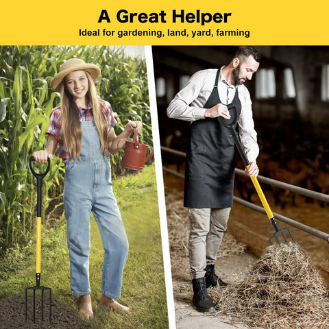 Heavy Duty Four Tine Garden Spading Fork With Ergonomic No Slip D Grip Handles, 45 Inch Long Handle For Easy Digging outdoors.