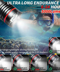 Beastly Bright 5000 Lumen Underwater Dive Light With Five Modes USB C Rechargeable IP68 Waterproof To 100m displayed underwater.