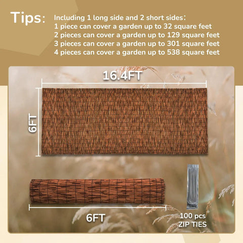 Brown 6 Ft Reed Fencing Roll 16.4 Ft Long Outdoor Privacy Screen with dimensions and installation tips image.
