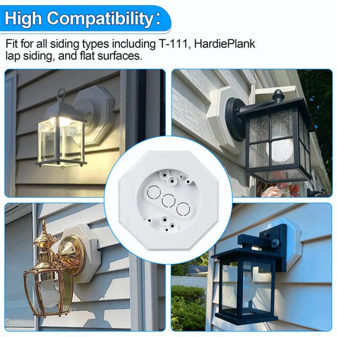 PVC Vertical Siding Lamp Mounting Kit With Built In Electrical Box For Exterior Lights Four Inch Diameter Octagon Mount Fits Half Inch Siding Durable Vinyl Block For Easy No Sweat Outdoor Lighting Install on siding