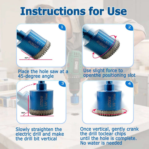 LITDDDW diamond hole saw kit instructions: 45-degree start, slot opening, drill vertical, chip clearing.