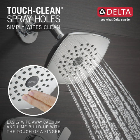 Modern Single Handle Chrome Tub And Shower Trim Kit With Single Spray Touch Clean Shower Head. Water and cleaning shown.
