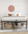 Heavy Duty King Bed Frame Built Like A Tank With 3500 Pound Capacity, rounded safety corners and mattress baffles, stylish bedroom setup.