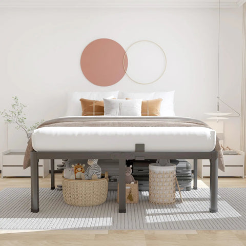 Heavy Duty King Bed Frame Built Like A Tank With 3500 Pound Capacity, rounded safety corners and mattress baffles, stylish bedroom setup.