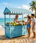 Hustle Ready Portable Mobile Vendor Cart, Dope Flower Display Stand With Heavy Duty Awning, Street Smart Pop Up Food Stall For Market Crafts, Golden Wide Countertop Rack by the beach serving coconuts.