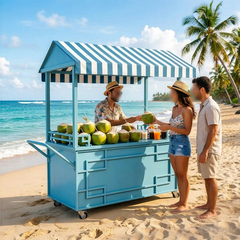 Hustle Ready Portable Mobile Vendor Cart, Dope Flower Display Stand With Heavy Duty Awning, Street Smart Pop Up Food Stall For Market Crafts, Golden Wide Countertop Rack by the beach serving coconuts.
