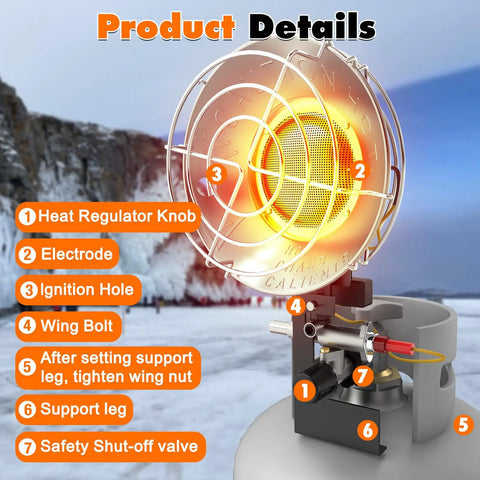 Portable 15000 BTU Propane Heater for Outdoor Use with Three Adjustable Modes and Safety Shut Off Valve in snowy landscape