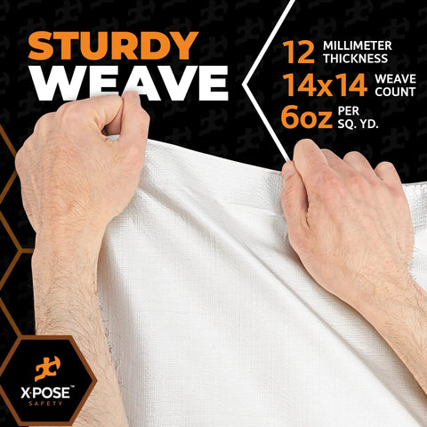 Hands showing 12 mil thick, 14x14 weave Heavy Duty White Poly Tarp 6X8 Feet Extra Thick 12 Mil Waterproof Multipurpose Cover.