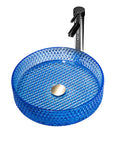 USZWBY Bathroom Vessel Sink Vanity Glass Vessel Bowl Sink Cylindrical Countertop Sink Bowl Above Counter Sink Art Basin with Faucet and Pop Up Drain in blue crystal design.