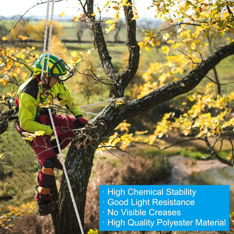 Arborist using Five Eighths Inch By Two Hundred Feet Polyester Bull Rope Arborist Rigging Line For Pulling Trees
