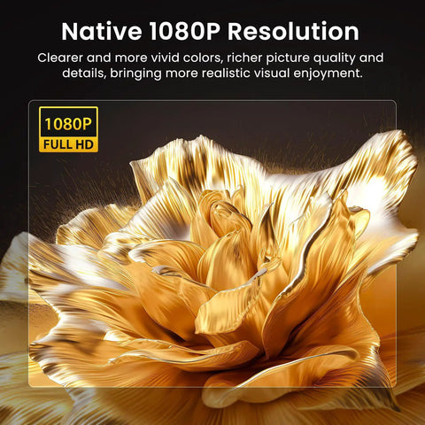 Native 1080P Bluetooth Projector With Built In Speaker For Smartphone HDMI Fire Stick And PS5 Perfect For Kick Back Indoor And Outdoor Movie Nights Delivers Crisp Bright Full HD Images Without Google TV System displaying detailed golden floral image