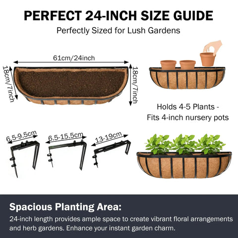 Big Time 24 Inch Window Box Railing Planter With Rock Solid Metal Build And Real Coco Coir Liner Made For Outdoor Deck Balcony Porch Fence And Patio Looks Black 2 Pack size guide showing dimensions and plant capacity.