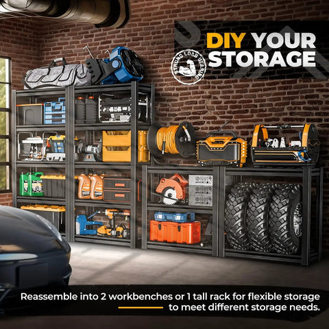 Heavy Duty 5 Tier Garage Shelving Unit 72 Inch High Adjustable Metal Rack For Tools And Gear Pro DIY Storage, Sturdy Steel Shelves Withstanding Up To 602 Lb Per Shelf, 3010 Lb Total Capacity, Easy Assembly, split into two workbenches