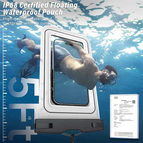 Two Pack IP68 Floating Waterproof Phone Pouch Dry Bag With Adjustable Lanyard; diver underwater, waterproof pouch, 5ft depth