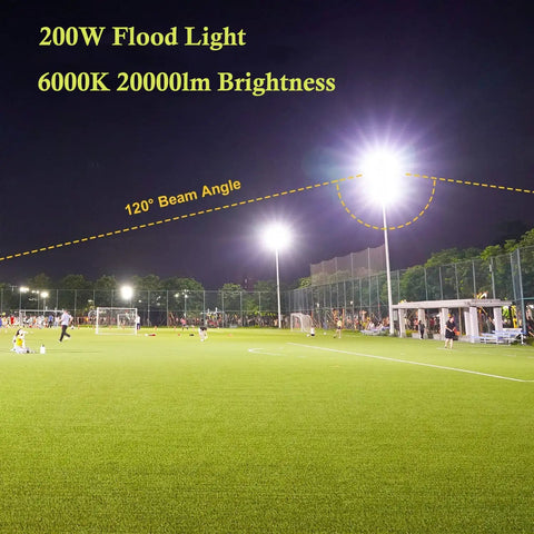 Sports field lit by Beastly Bright 200W Outdoor LED Flood Light Pack Of 2, 20,000 Lumen, 6000K Daylight White, 120 Degree Beam